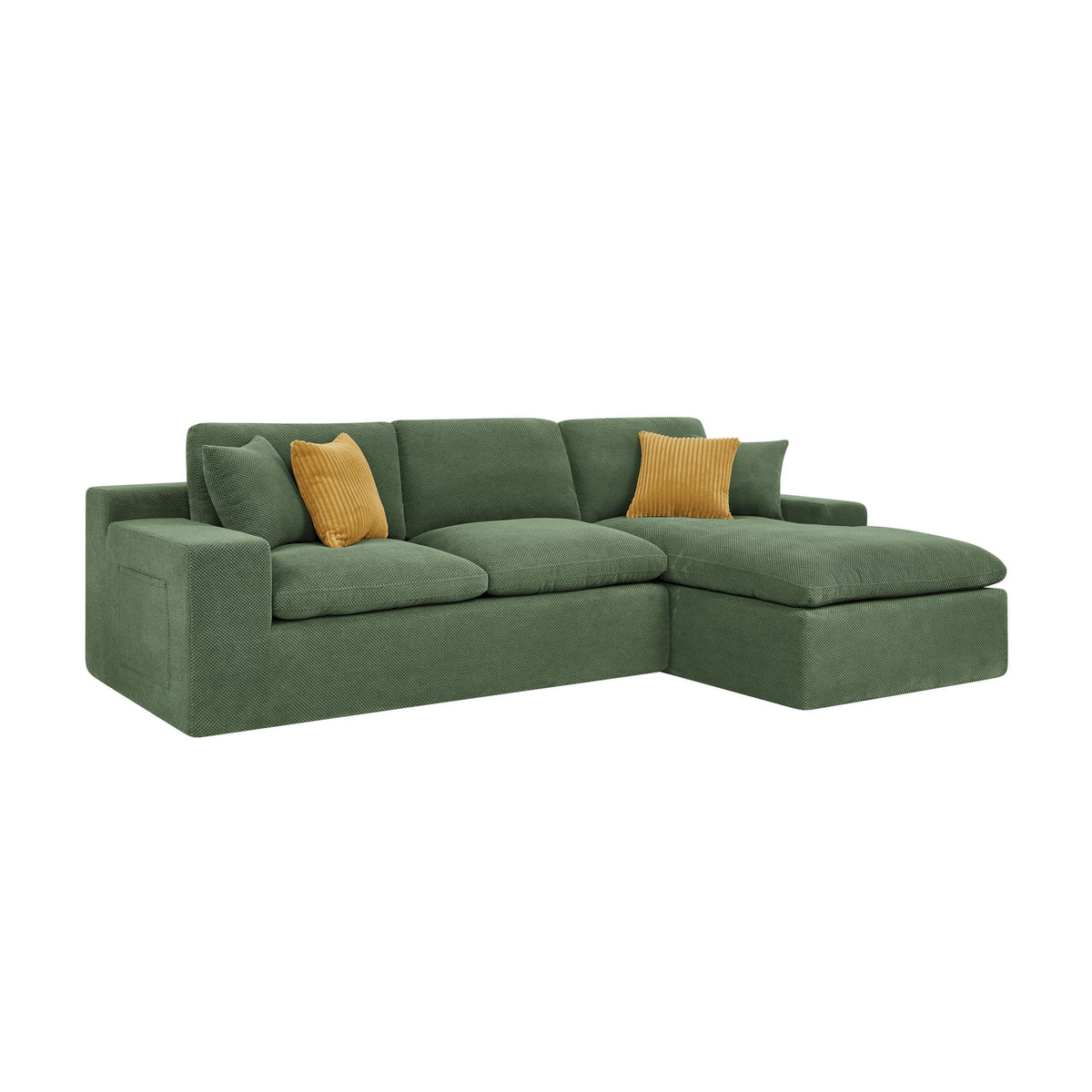 Dark green sectional sofa with chaise and two back cushions, styled with mustard pillows