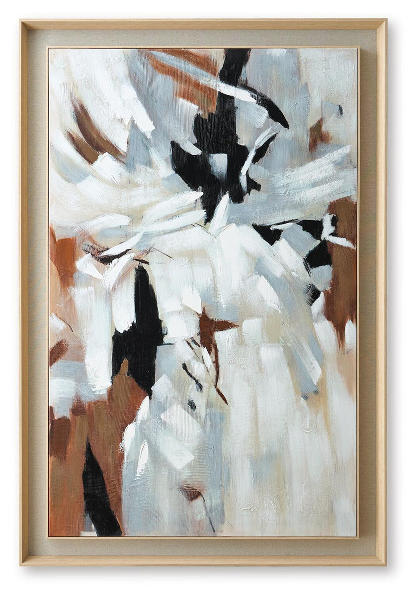 Framed abstract painting with bold white, black, and warm brown strokes