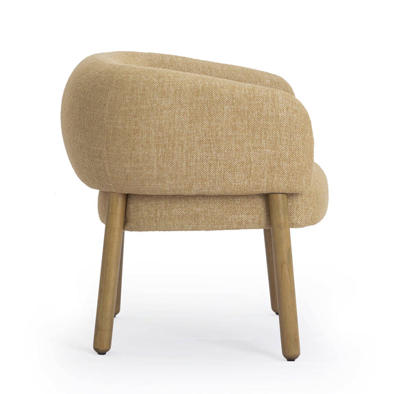 Beige upholstered accent chair with curved backrest and round padded arms