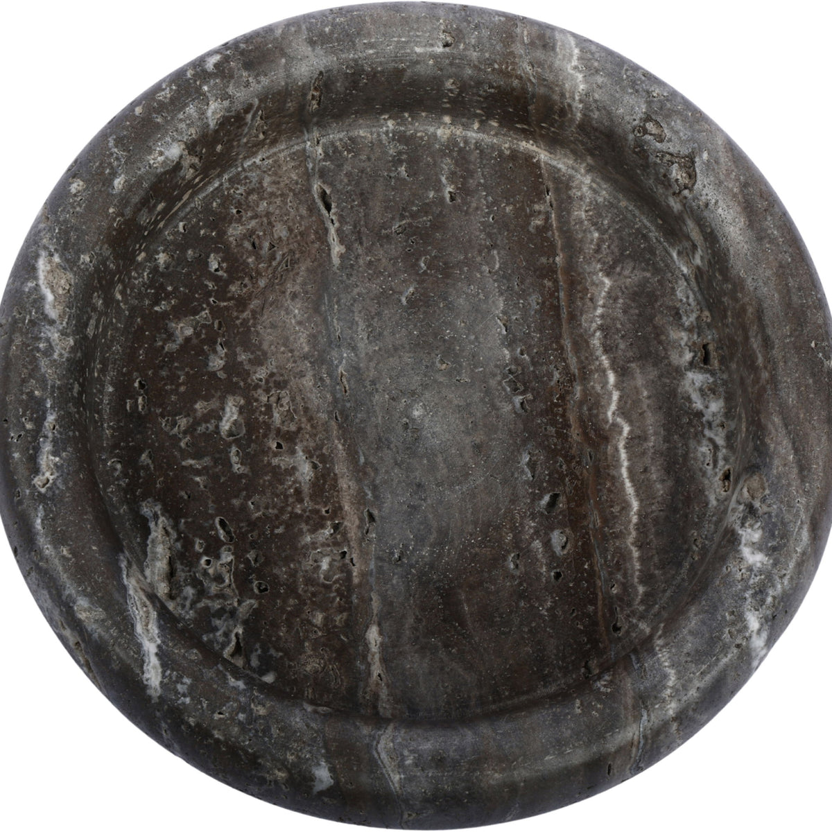 Gray genuine travertine tray with wide round top and textured stone surface.