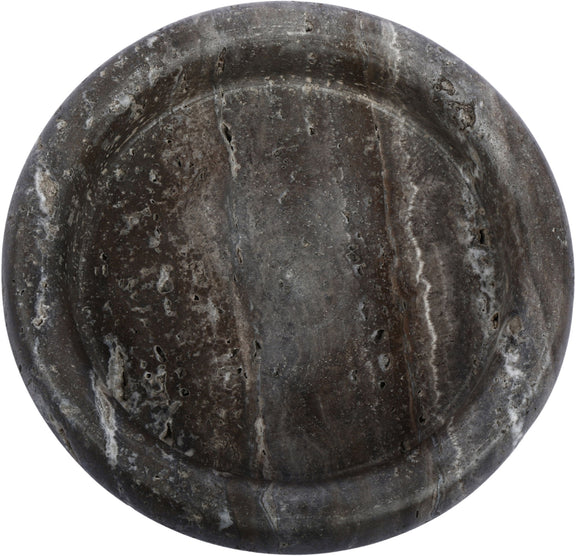 Gray genuine travertine tray with wide round top and textured stone surface.