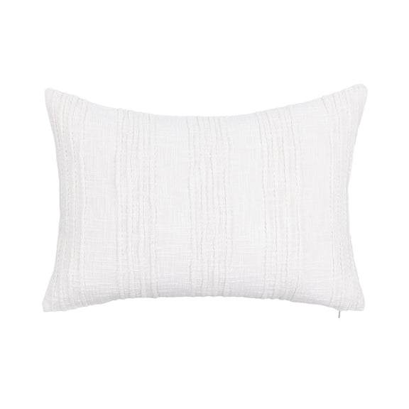 White textured lumbar pillow with fine stitched vertical lines