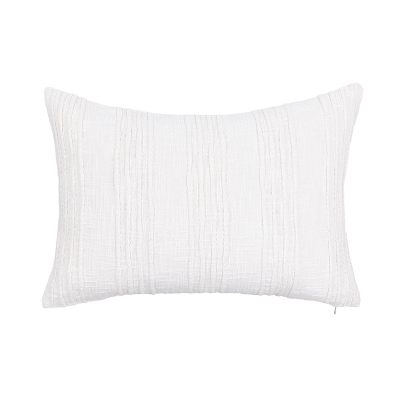 White textured lumbar pillow with fine stitched vertical lines