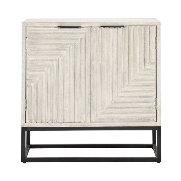 White wash sideboard cabinet with three paneled door sections and black metal base