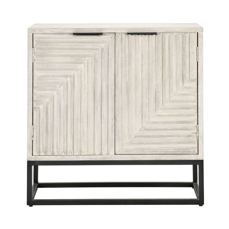 White wash sideboard cabinet with three paneled door sections and black metal base