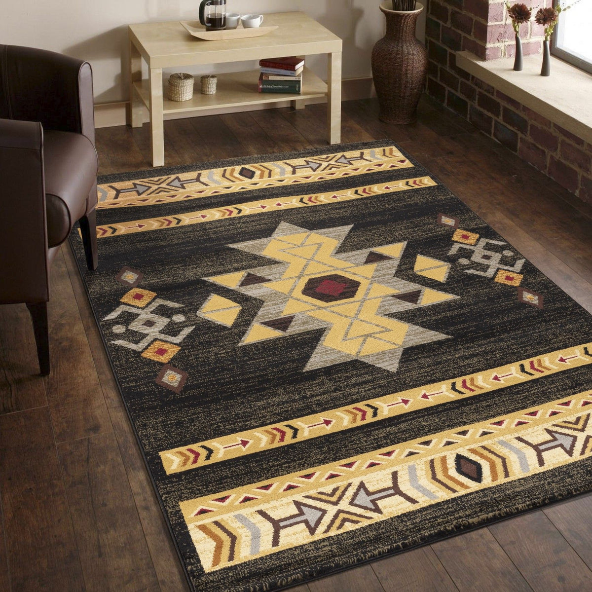 Southwest area rug with dark background, multicolor geometric banding and star shapes