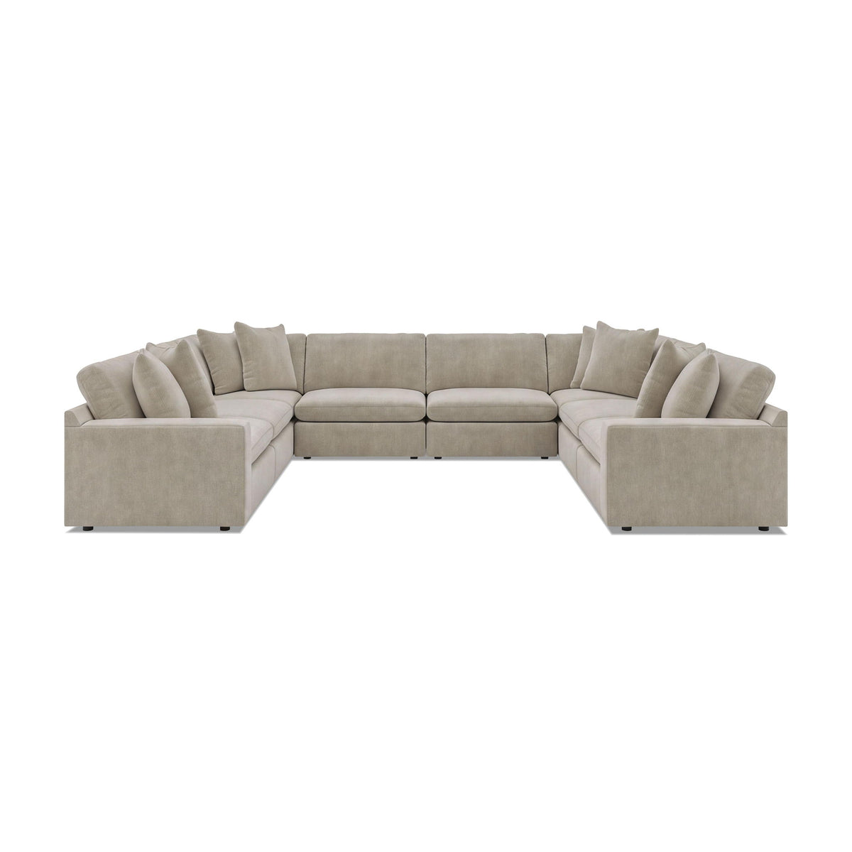 Beige 8-piece sectional sofa with rounded arms and multiple seat cushions.