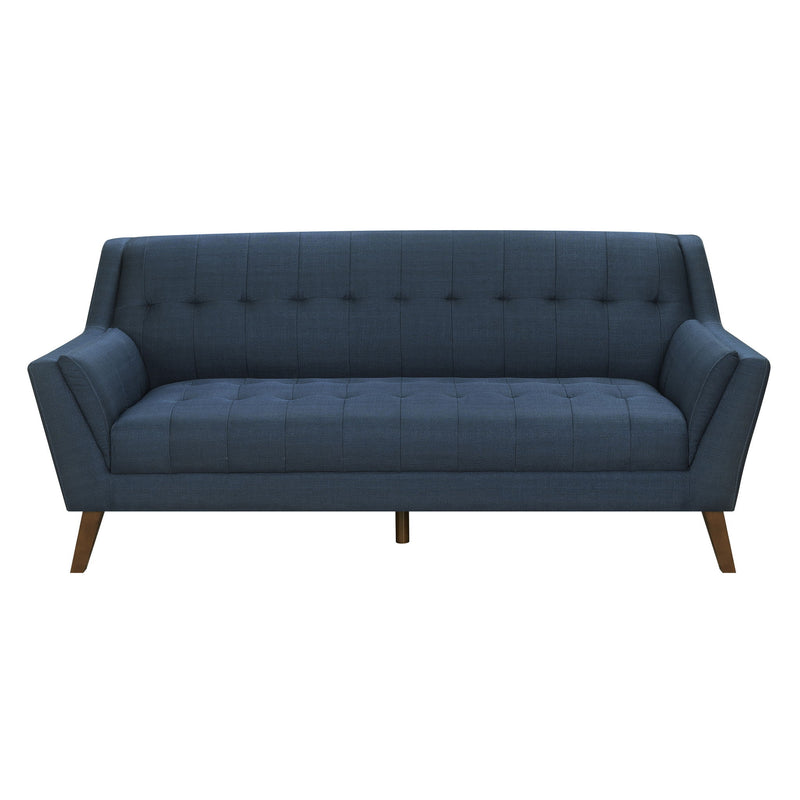 Blue fabric sofa with tufted back and seat, track arms, and wooden legs