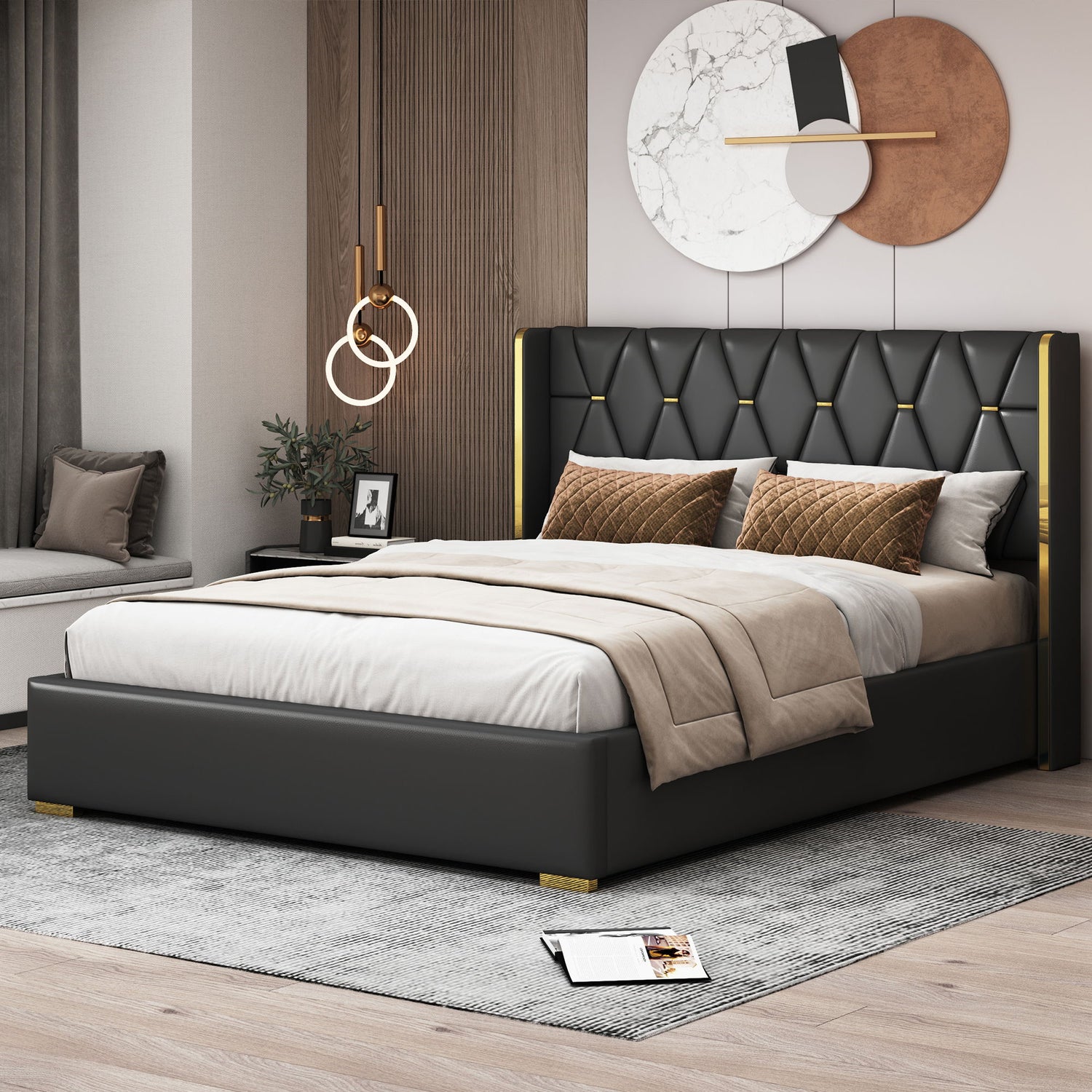 Upholstered Platform Bed With Strips - Black