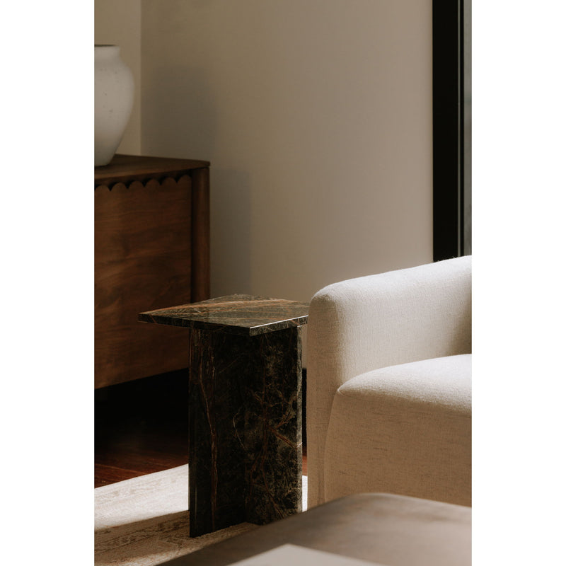 Small green marble-look side table with flat square top and tapered block base