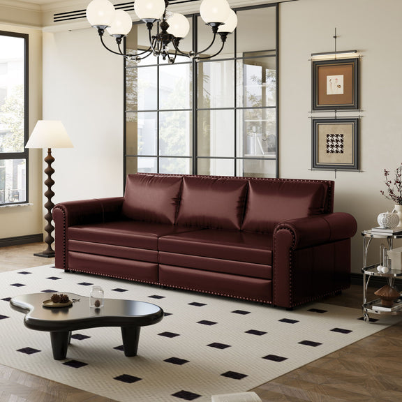 Dark brown faux leather convertible sofa bed with tufted back and rolled armrests