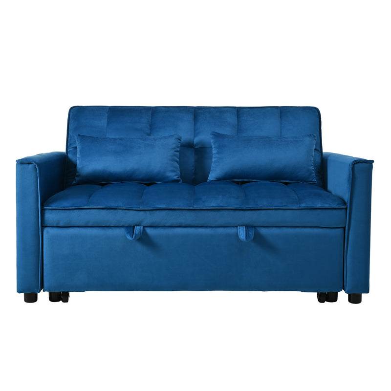 Blue velvet-look convertible sofa bed with tufted backrest pillows and pull-out bed