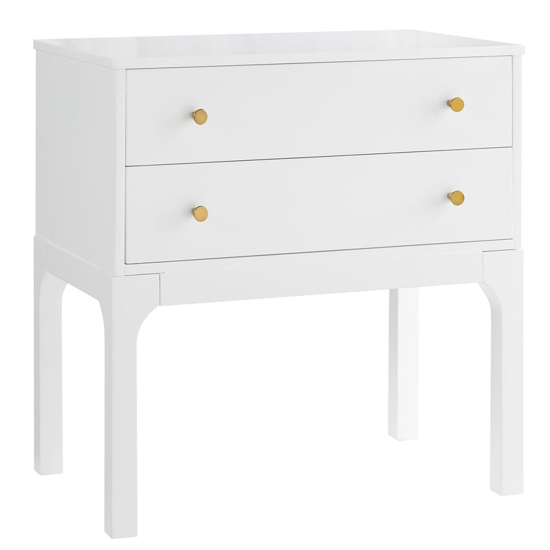 White two-drawer nightstand with round brass knobs and clean paneled sides.