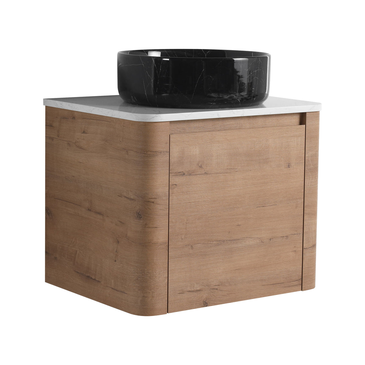 Wall-mounted bathroom vanity with black vessel sink and light wood cabinet front