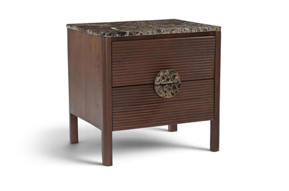 Dark brown acacia wood nightstand with speckled stone top and single round drawer pull