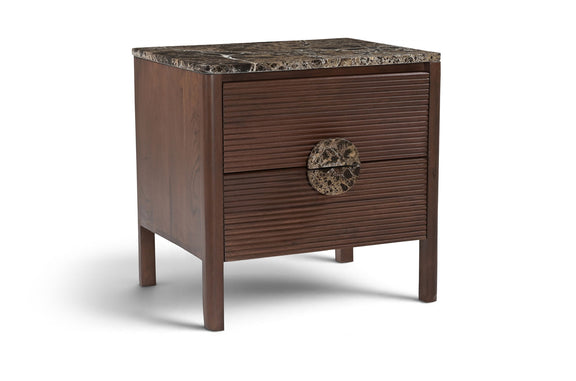 Dark brown acacia wood nightstand with speckled stone top and single round drawer pull