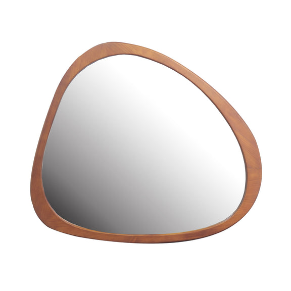 Asymmetrical wall mirror with natural wood rounded frame and reflective glass