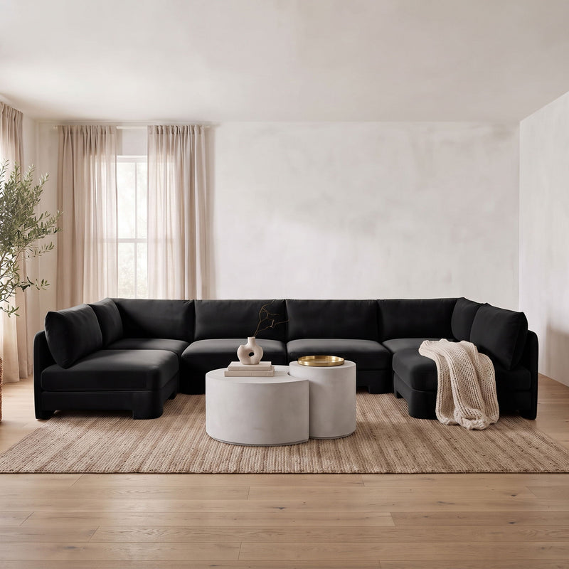 Black velvet armless U-shaped sectional sofa with corner and chaise-like end