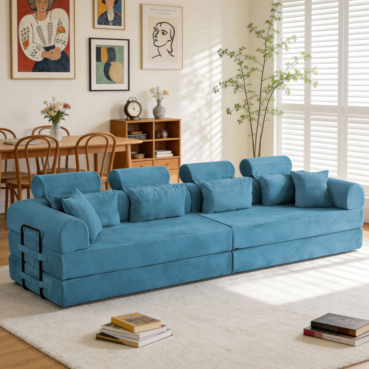 L-shaped sectional sofa in bright blue fabric with tufted arm panels and throw pillows