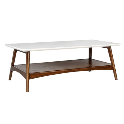 Modern extra-storage table with white top, dark brown lower shelf, and angled wooden legs