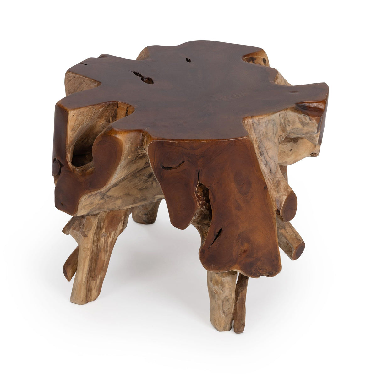 Handcrafted wood table with dark brown top and sculpted stump-style legs
