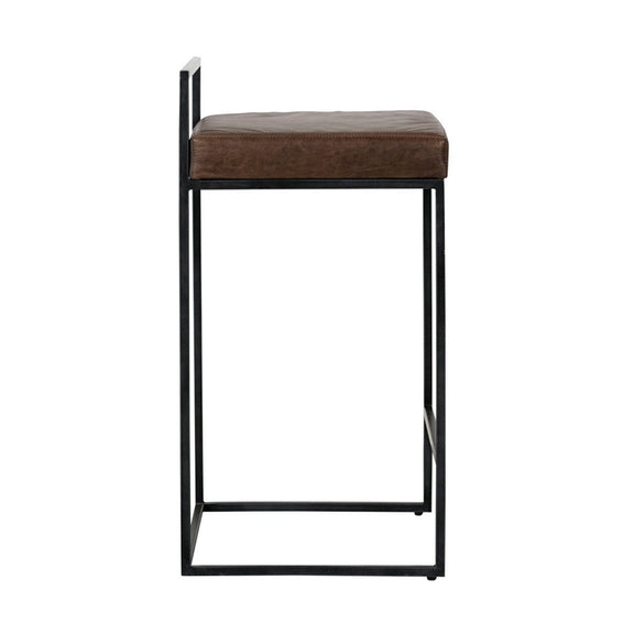 Black counter stool with dark brown upholstered seat and open metal base