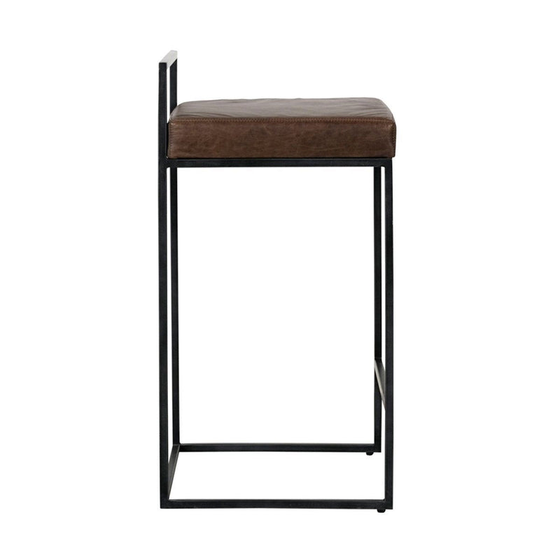 Black counter stool with dark brown upholstered seat and open metal base