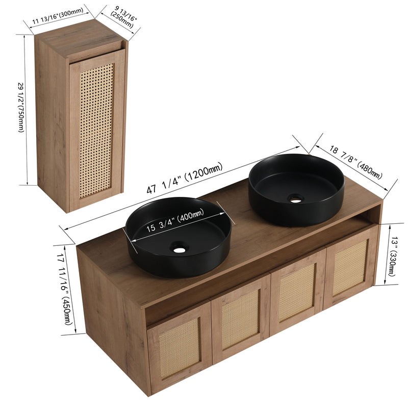 Floating bathroom vanity with rattan cabinet doors, double black vessel sinks, and side cabinet