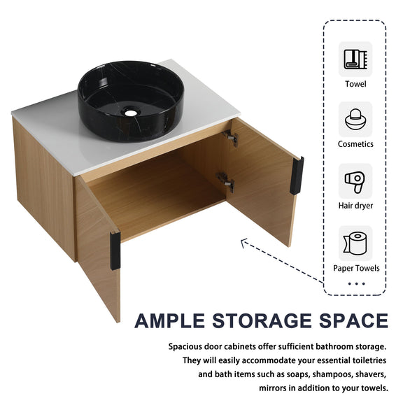 Bathroom vanity with art sink and open cabinet doors with soft-close hinges for storage