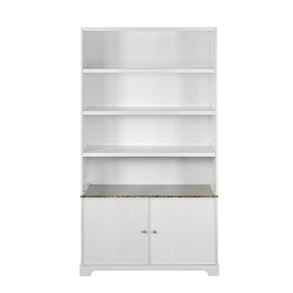 White cabinet with three open shelves and fluted double doors