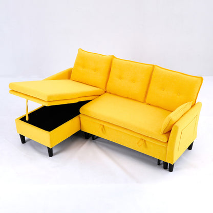Yellow L-shaped sectional sofa with reversible chaise and storage ottoman, tufted cushions