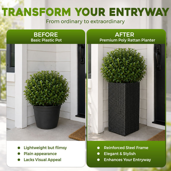 Black woven square planter shown beside a basic plastic pot for comparison