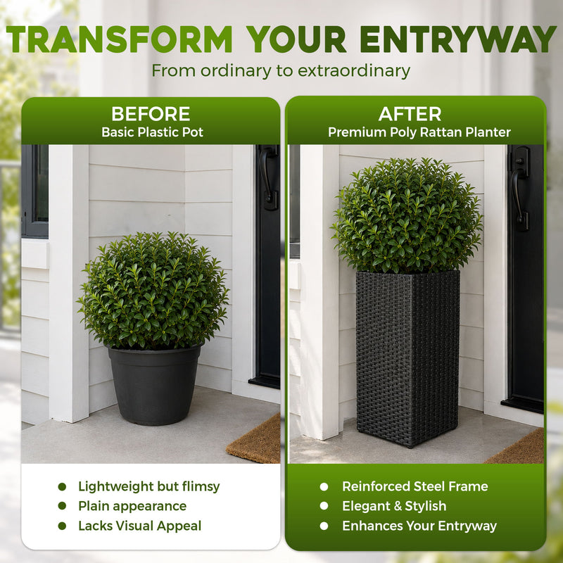 Black woven square planter shown beside a basic plastic pot for comparison
