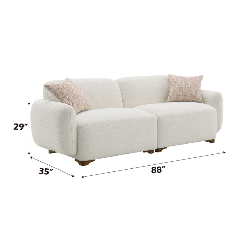 Beige boucle sofa with 2 toss pillows, 88-inch wide
