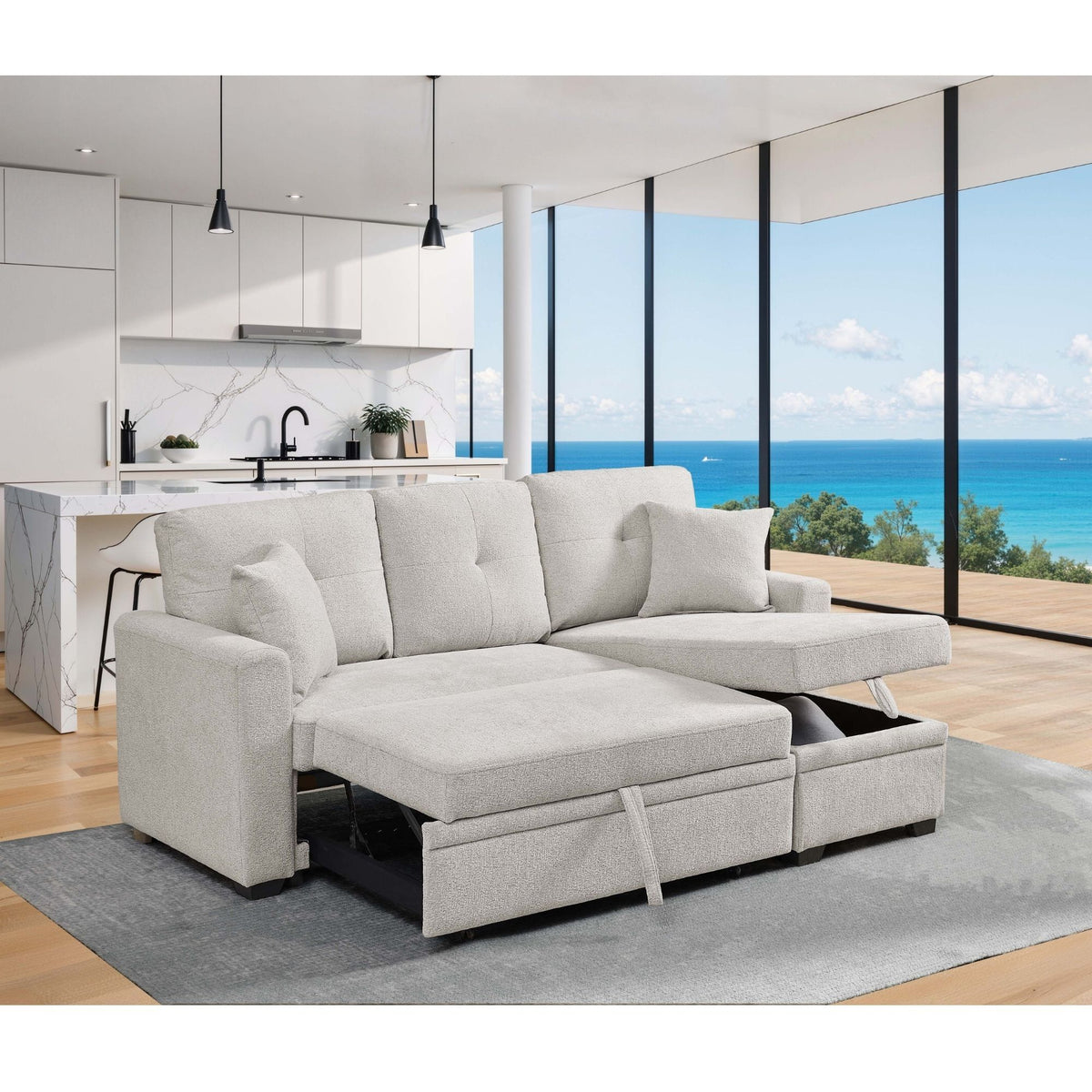 Light beige sectional sofa with chaise and pull-out bed extended