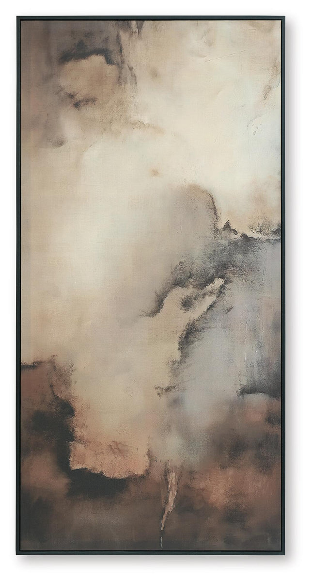 Portrait framed abstract wall art with beige and dark gray brown cloudlike swirls