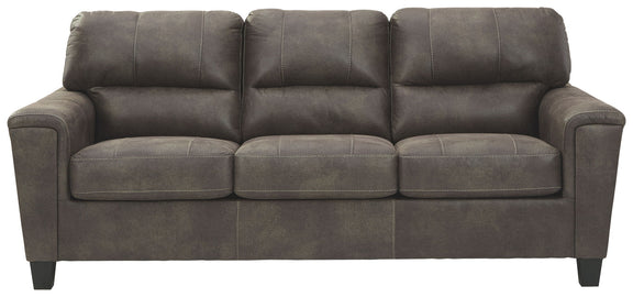 Smoke gray queen sofa sleeper with three seat cushions and rounded armrests