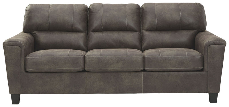 Smoke gray queen sofa sleeper with three seat cushions and rounded armrests