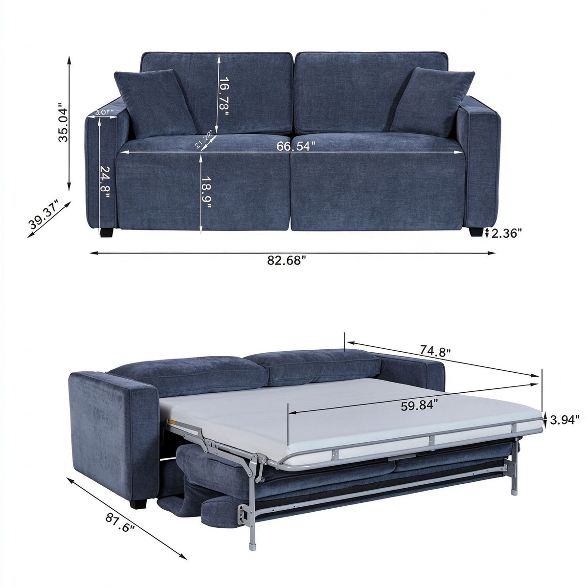 Blue pull-out sofa bed with measurement diagram showing seat and bed layout