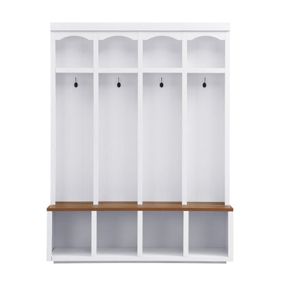 White hall tree with bench, 4 hooks, and open storage cubbies