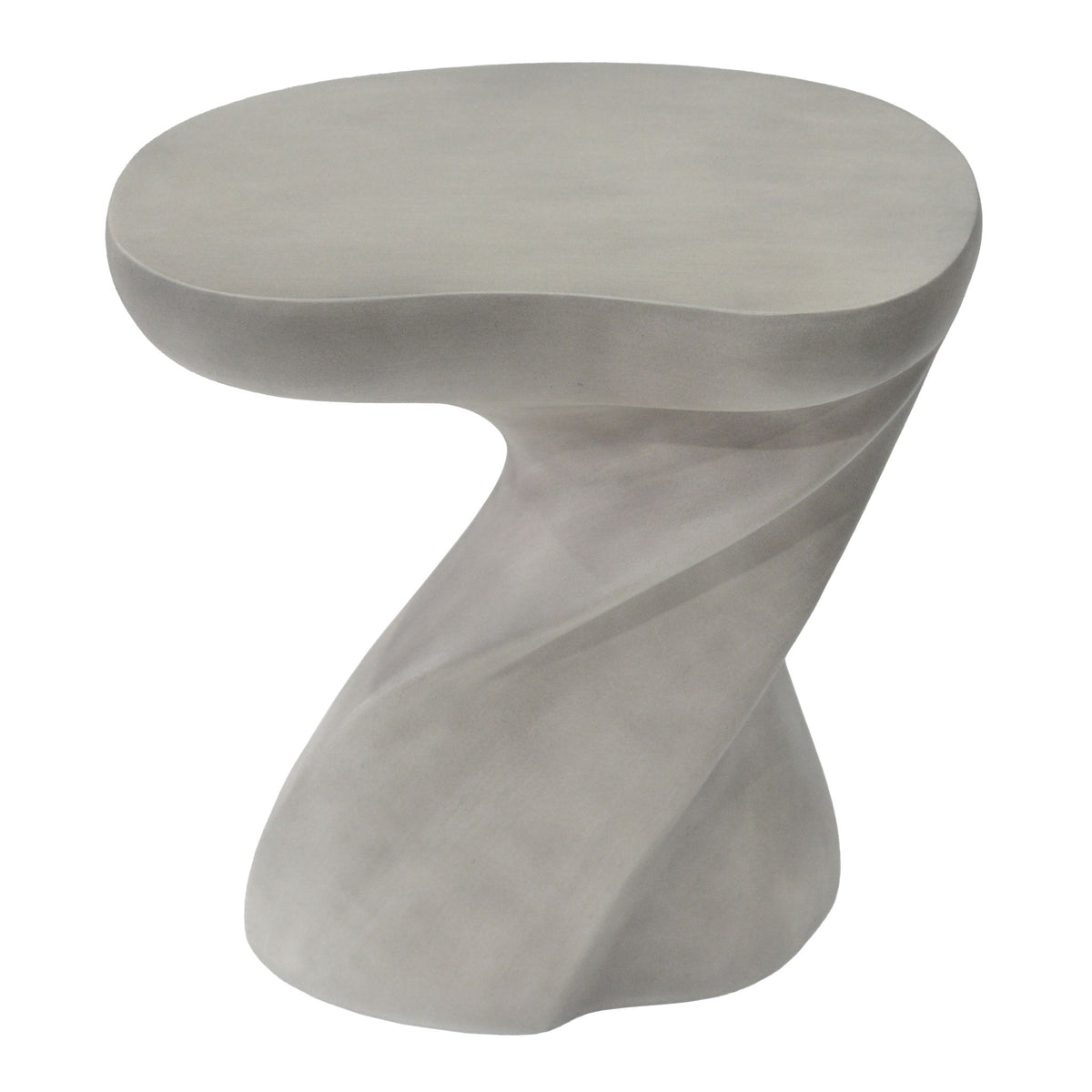 Twisted sculptural side table with round top and light gray sculpted base