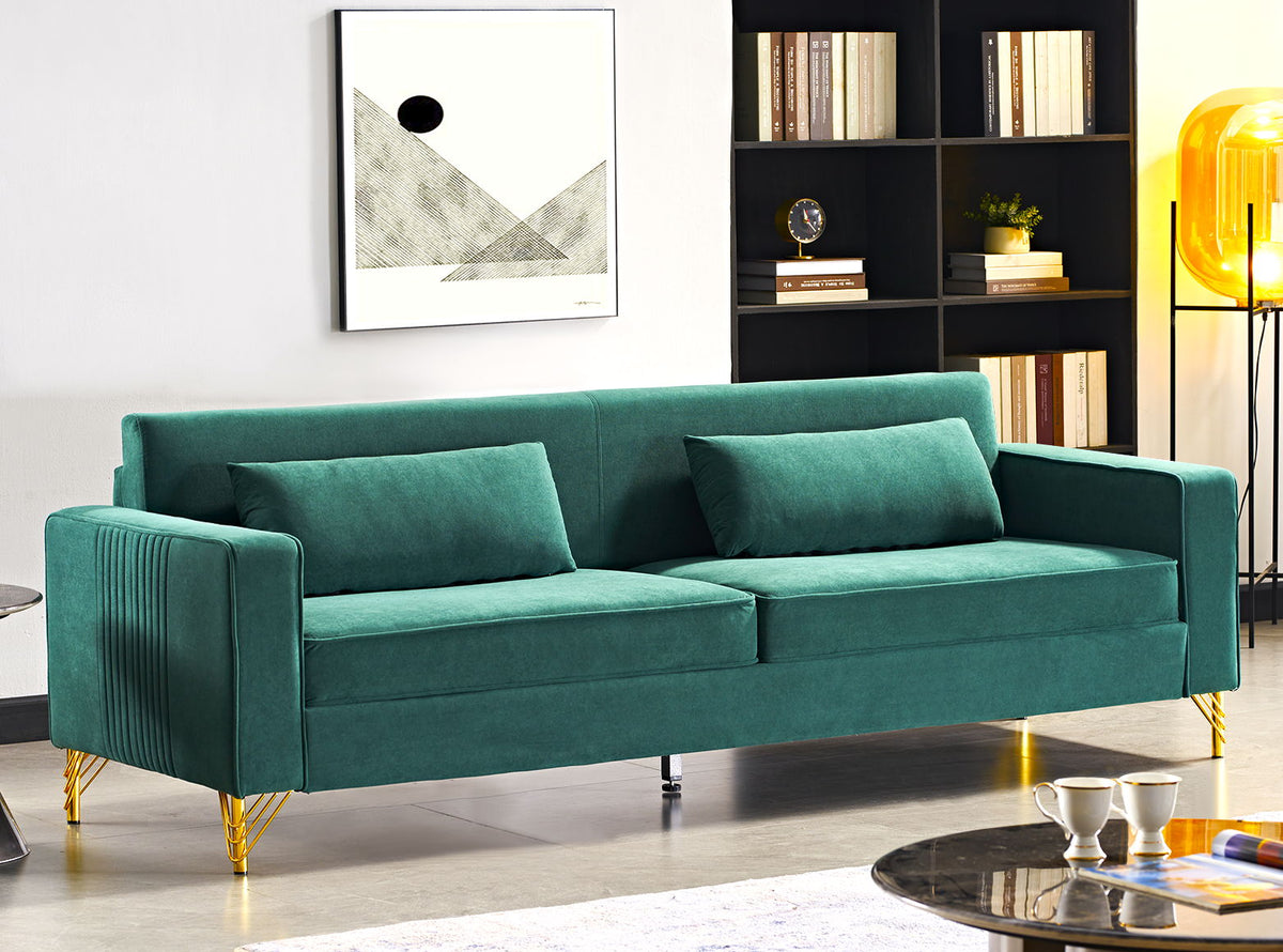 Teal green 3-seater sofa with tufted arm panels and three seat sections