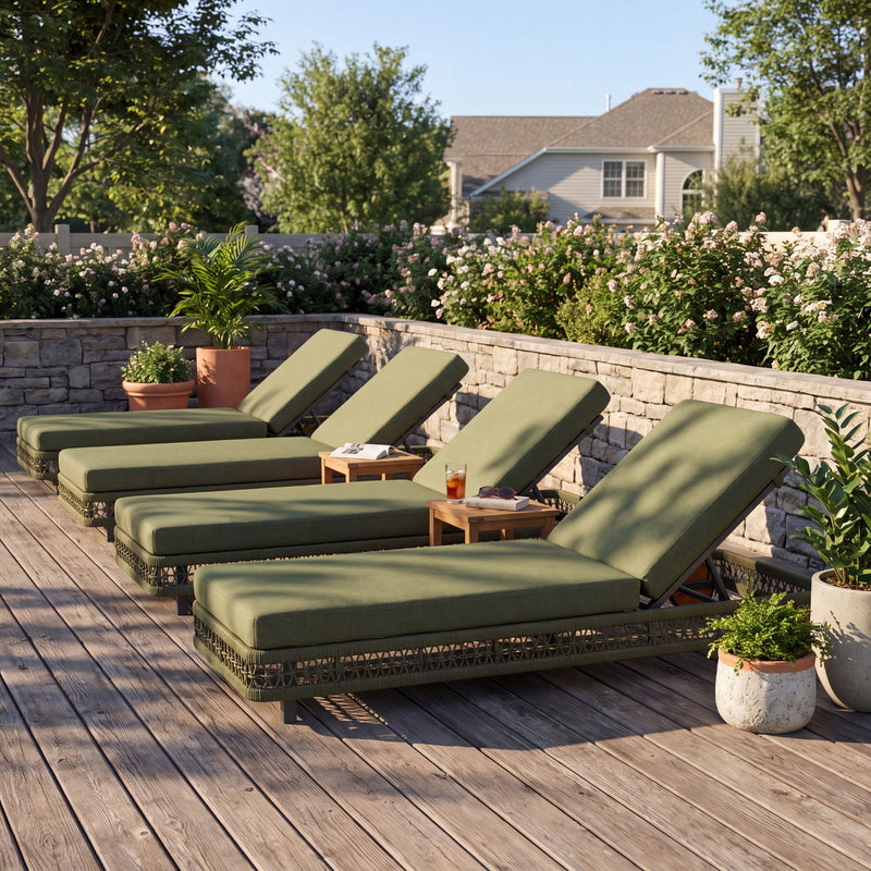 Set of four light green outdoor chaise lounges with 5-position adjustable backrests and wheels