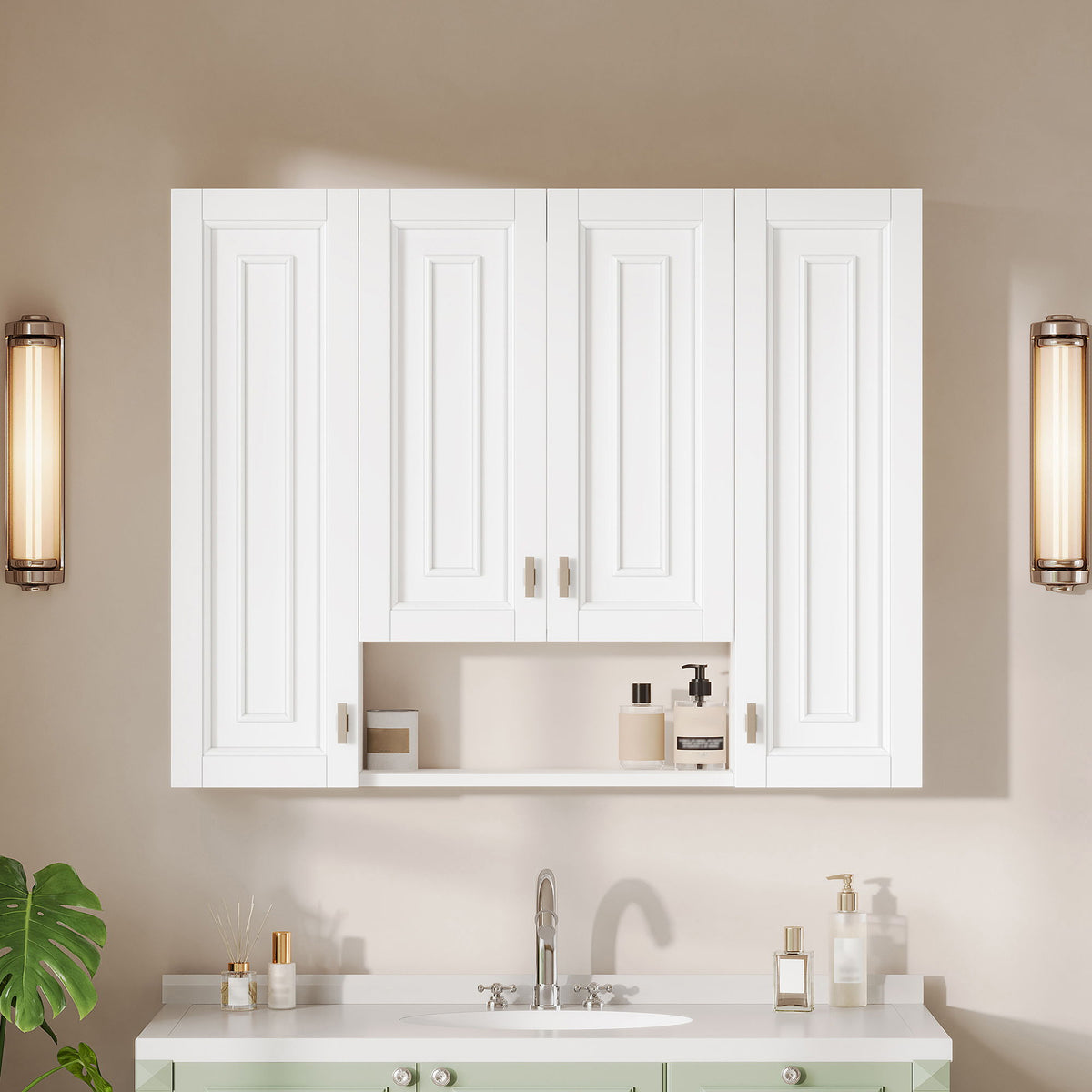 White wall cabinet with open center compartment and hinged doors, soft-close hardware