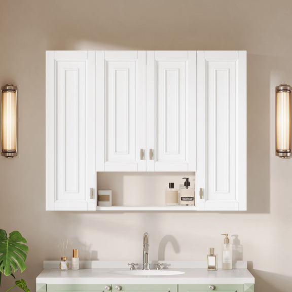 White wall cabinet with open center compartment and hinged doors, soft-close hardware