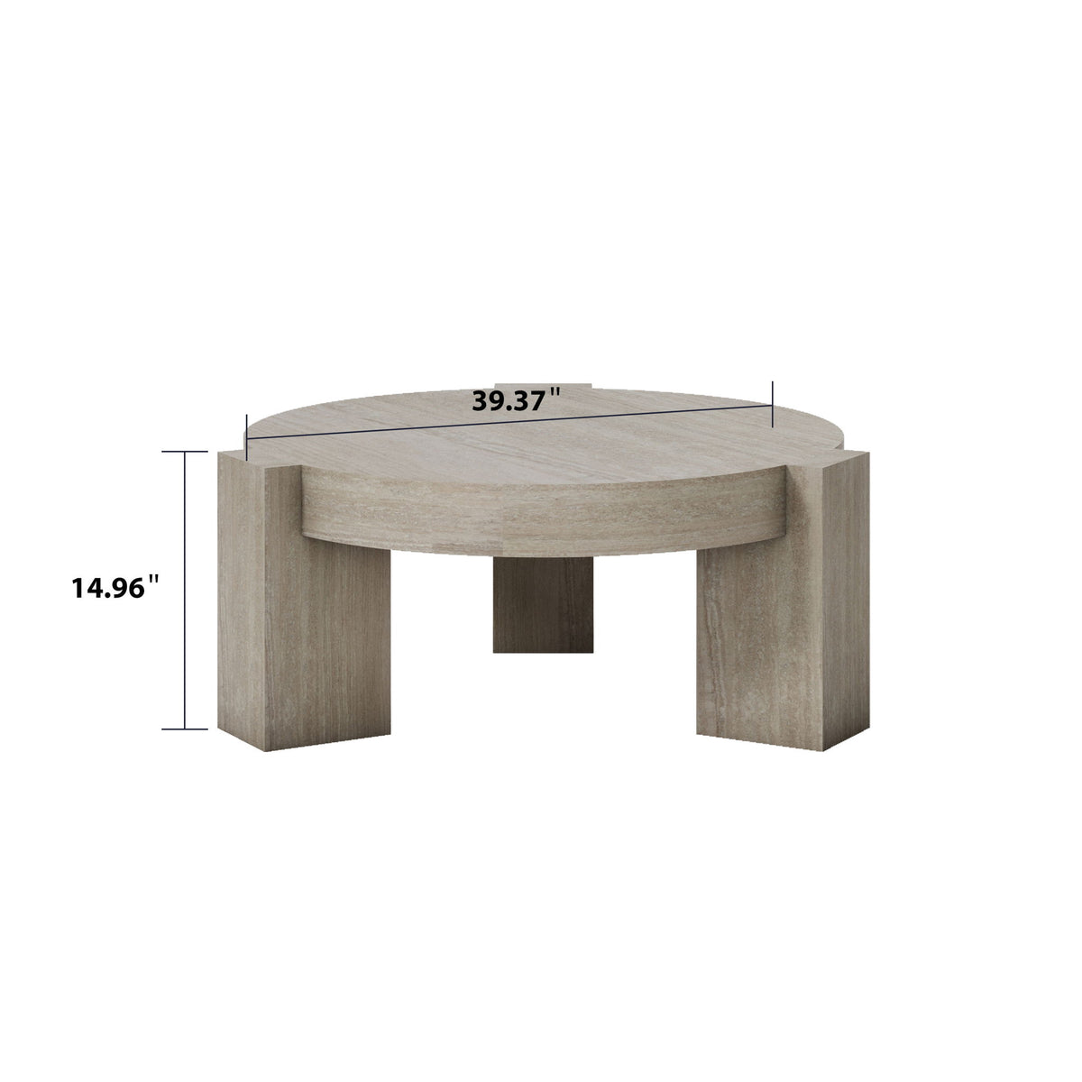 Beige round coffee table with curved apron; side view with size markings