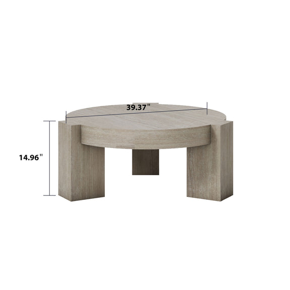 Beige round coffee table with curved apron; side view with size markings