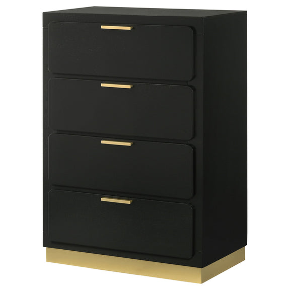 Black four-drawer chest front view with gold bar pulls and recessed drawers