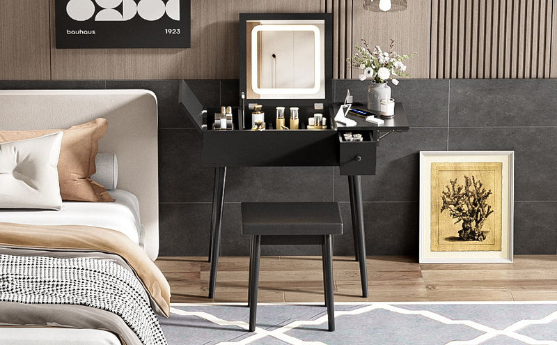 Makeup Vanity Desk With Flip Top Mirror And LED Light, Dressing Table With Charging Station, 2 Drawers And Fold Up Panel, Vanity Set With Cushioned Stool For Bedroom - Black