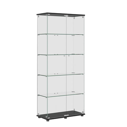 Black glass display cabinet with double doors and multiple adjustable shelves.